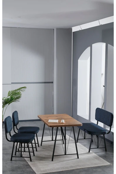 Elfin 70x110 Atlantik Yemek Masası, Yemek Masası Takımı, 2 Sandalye 1 Bench - Lacivert
