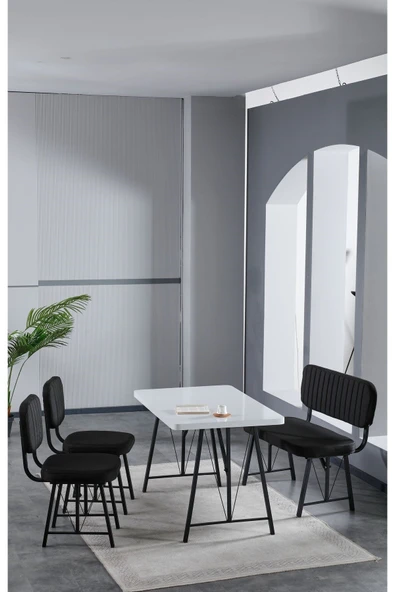 Elfin 70x110 Beyaz Yemek Masası, Yemek Masası Takımı, 2 Sandalye 1 Bench - Siyah