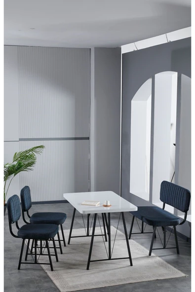 Elfin 70x110 Beyaz Yemek Masası, Yemek Masası Takımı, 2 Sandalye 1 Bench - Lacivert