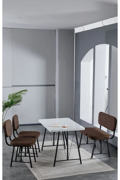 Elfin 70x110 Beyaz Yemek Masası, Yemek Masası Takımı, 2 Sandalye 1 Bench - Kahverengi