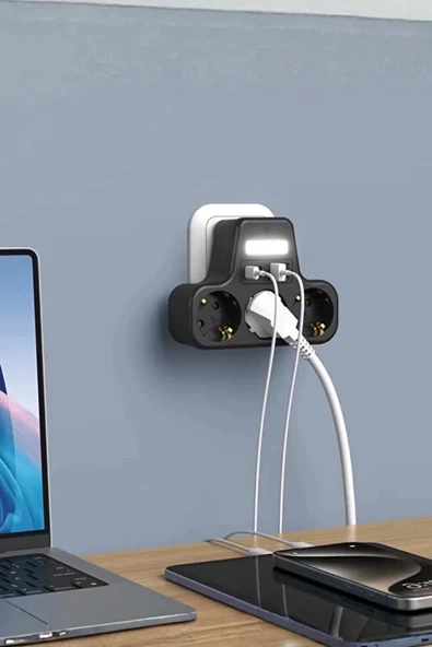 Akım Korumalı Priz Gece Lambalı 3 lü Priz 2xusb 2xtype-c Çıkışlı Grup Priz Çoğaltıcı - 4