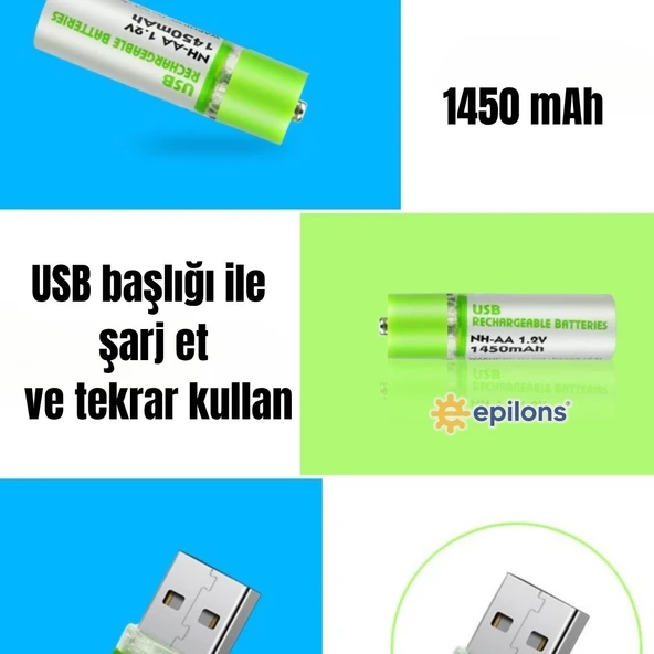 Usb Şarjlı 1450mah Aa 1.2v Lityum Kalem Pil 2 li Set Dönüşümlü Batarya - 3