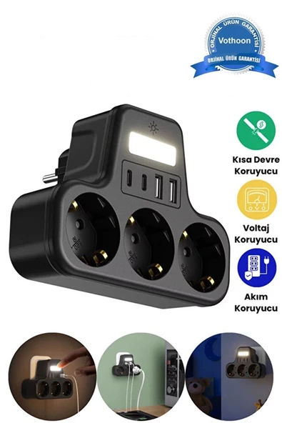 Akım Korumalı Priz Gece Lambalı 3 lü Priz 2xusb 2xtype-c Çıkışlı Grup Priz Çoğaltıcı - 1