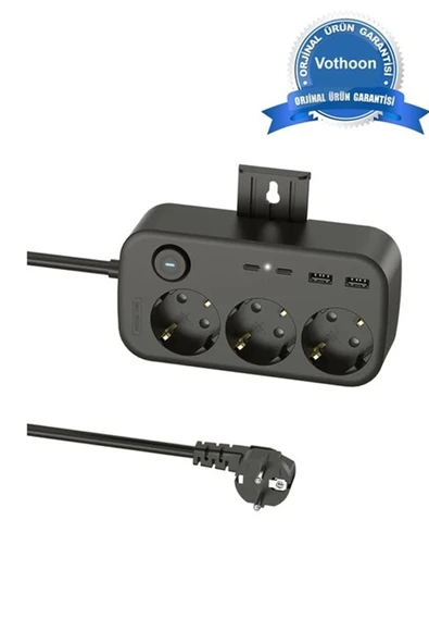 Akım Korumalı Priz 2 Usb + 2 Type-c Girişli 2 Metre Kablosu Anahtarlı Ve Duvara Monte Edilebilir - 1