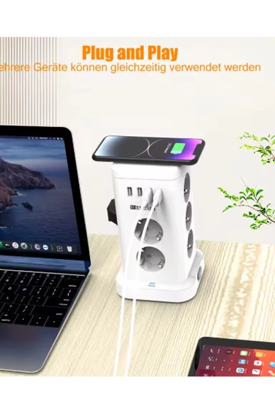 Wp-707 3 Usb-a + 1 Type-c Çıkışlı Kule Tipi Akım Korumalı Çoklu Priz - Tek Tuş Kontrol Masaüstü - 5
