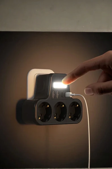 Akım Korumalı Priz Gece Lambalı 3 lü Priz 2xusb 2xtype-c Çıkışlı Grup Priz Çoğaltıcı - 3