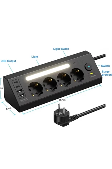 Lp764 Çoklu Gece Lambalı Priz Yüksek Gerilim Korumalı 4 lü Priz 2xusb 2xtype-c Çıkışlı Grup Priz Çoğaltıcı - 4