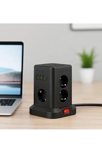 Wp-707 3 Usb-a + 1 Type-c Çıkışlı Kule Tipi Akım Korumalı Çoklu Priz - Tek Tuş Kontrol Masaüstü - 2