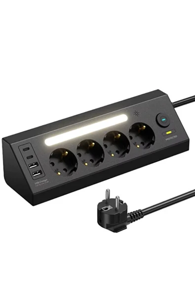 Lp764 Çoklu Gece Lambalı Priz Yüksek Gerilim Korumalı 4 lü Priz 2xusb 2xtype-c Çıkışlı Grup Priz Çoğaltıcı - 1