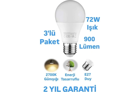 Horoz 9W LED Ampul Günışığı E27 Duy 900 Lümen LED Lamba 3lü - 1