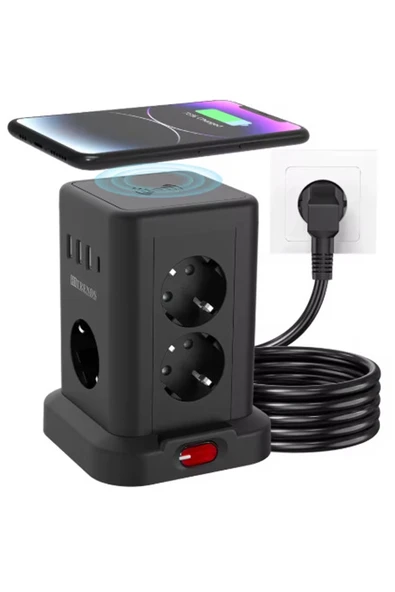 Wp-707 3 Usb-a + 1 Type-c Çıkışlı Kule Tipi Akım Korumalı Çoklu Priz - Tek Tuş Kontrol Masaüstü - 1