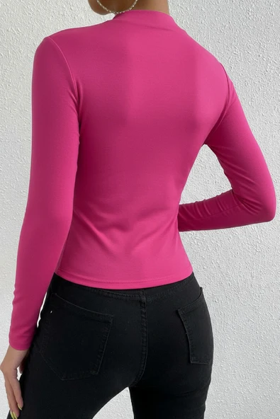 Kadın Fuşya Belden ve Boyundan Büzgü Detaylı Uzun Kollu Bluz - Resim 2