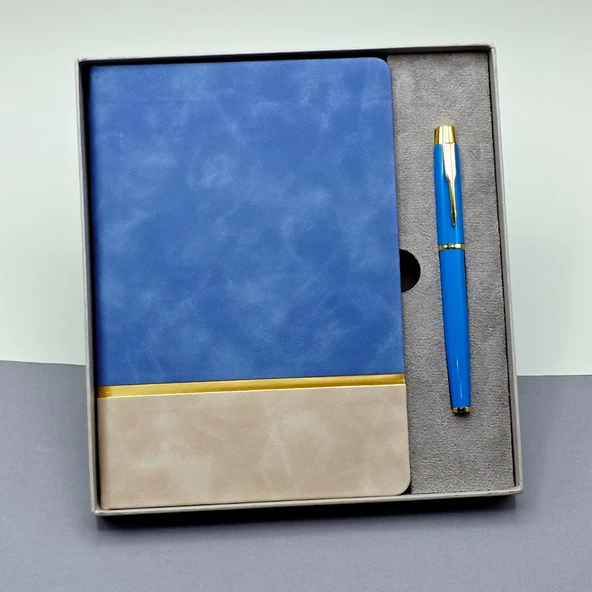 Gold Şeritli Mavi Defter Ve Kalem Seti - 1