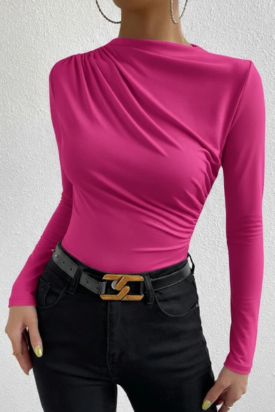 Kadın Fuşya Belden ve Boyundan Büzgü Detaylı Uzun Kollu Bluz - Resim 5