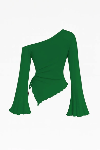 Kadın Yeşil Uzun İspanyol Kollu Asimetirik Yaka Yandan Bağlamalı Drapeli Bluz - Resim 2