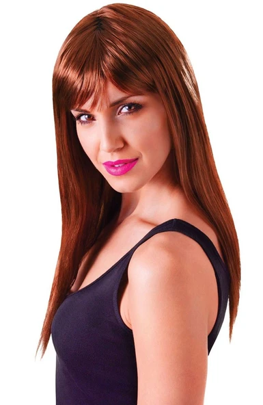 Kahve Renk Uzun Düz Parti Peruğu - Uzun Kahverengi Peruk ürün görseli 1