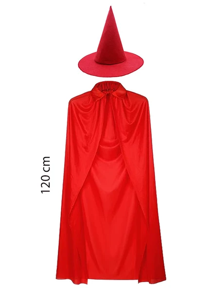 Yetişkin Boy 120 cm Kırmızı Yakalı Pelerin ve Kırmızı Cadı Şapkası - 1