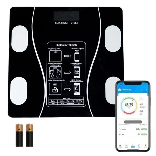 BUFFER® Dijital Baskül Yağ Ölçer Fonksiyonlu Akıllı Baskül Bluetooth Bağlantılı Tartı ürün görseli 1