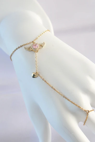 316L Çelik Gold Renk Pembe Zirkon Taşlı Kanatlı Kalp Model Şahmeran - TJ-SN585 ürün görseli