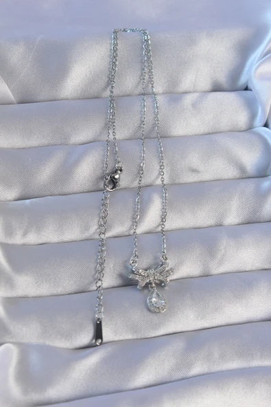 316L Çelik Zincirli Gümüş Renk Zirkon Taşlı Damla Detay Fiyonk Model Kolye - TJ-BKO8897 - Resim 2