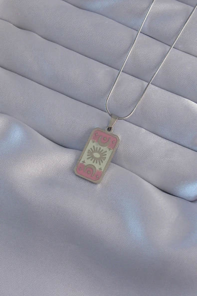 316L Çelik Gümüş Renk Pembe Mineli Ay Figür Tarot Kolye - TJ-BKO9045 - Resim 2