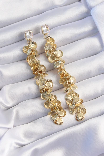 Pirinç Gold Renk Zirkon Taşlı Minimal Deniz Kabuklu Sallantılı Küpe - TJ-BKP9252 ürün görseli 1