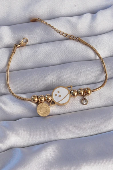 316L Çelik Gold Renk Zirkon Taşlı Mineli Satürn Tasarımlı Bileklik - TJ-BB6200 ürün görseli 1