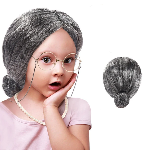 Gri Renk Yaşlı Peruğu Takma Saç Anneanne Babaanne Yetişkin Çocuk Uyumlu ürün görseli 1