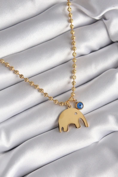 316L Çelik Gold Renk Top Zincir Model Fil Figür Nazar Boncuk Detay Kadın Kolye - TJ-BKO8342 ürün görseli