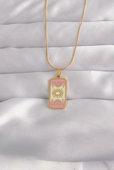 316L Çelik Gold Renk Karışık Mineli Ay Figür Tarot Kolye - TJ-BKO9036 - 1