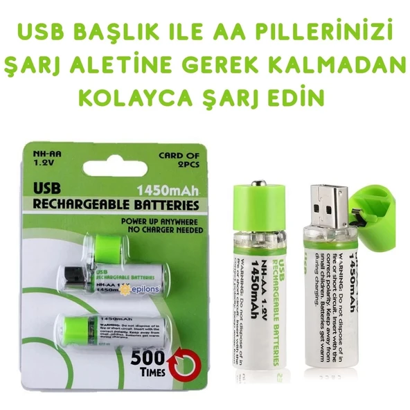 USB Şarjlı 1450mAh AA 1.2V Lityum Kalem Pil 2’li Set Dönüşümlü Batarya - 1