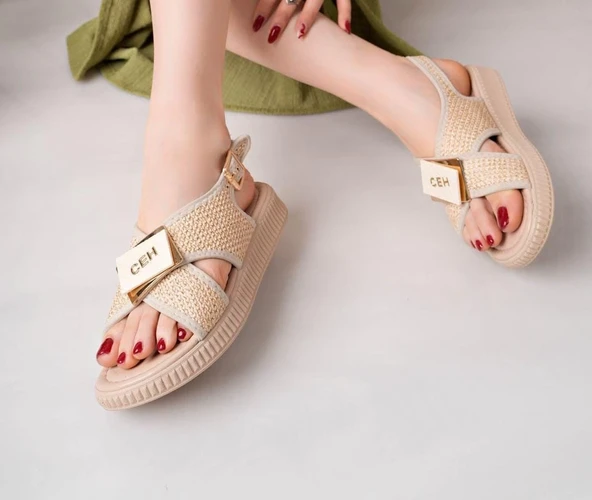 Cate Bej Hasır Cilt Sandalet - 3