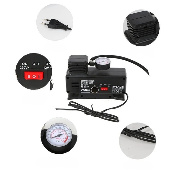 220 Volt-12 Volt 250 Psi Psi Kompresör Lastik Hava Şişirme Oto Pompası Fişli Çakmaklıklı - Resim 3