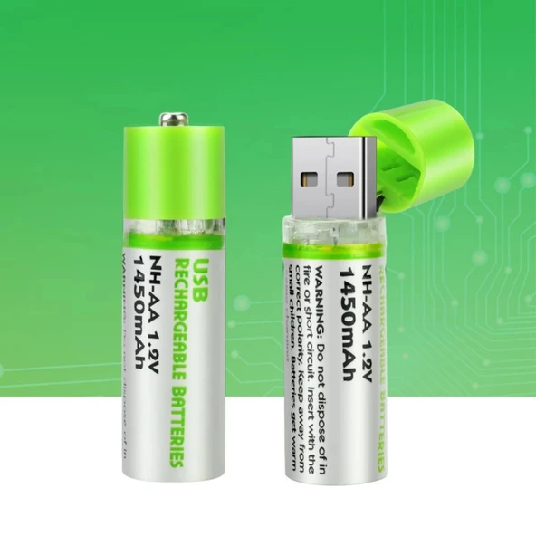 USB Şarjlı 1450mAh AA 1.2V Lityum Kalem Pil 2’li Set Dönüşümlü Batarya - 4