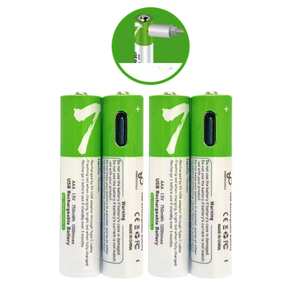 Usb Type-C Şarjlı 4 Adet AAA 1.5V Lityum Kalem Pil 750mAh Uzun Ömürlü - 4