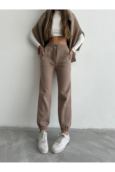 3 iplik şardonlu paça lastikli eşofman vizon is001 - Resim 5