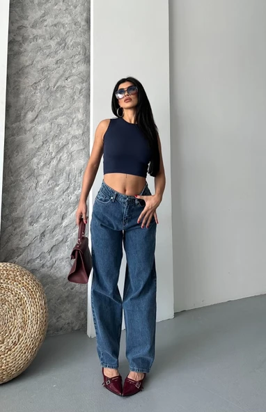Baggy kar yıkama jeans pantolon koyu mavi d2007 - 1
