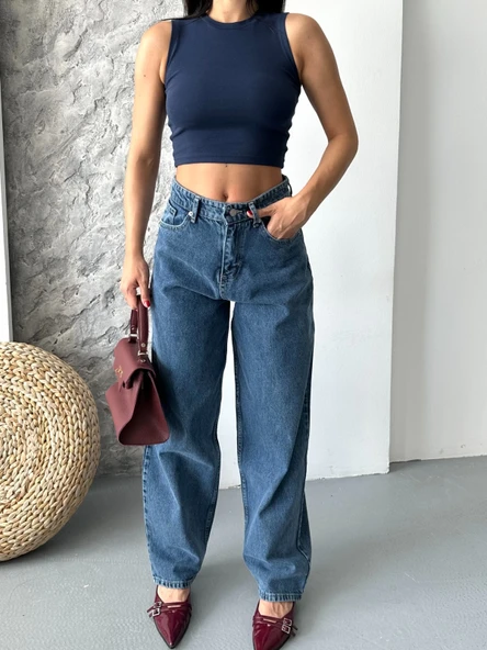 Baggy kar yıkama jeans pantolon koyu mavi d2007 - 3