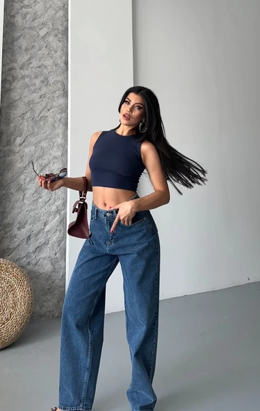 Baggy kar yıkama jeans pantolon koyu mavi d2007 - 5
