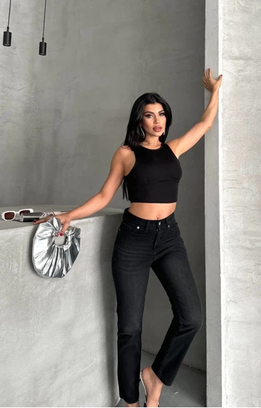 Mom fit enzim bıyıklı taş yıkama jeans pantolon siyah d2006 - 4