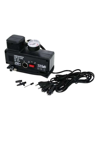 220 Volt-12 Volt 250 Psi Psi Kompresör Lastik Hava Şişirme Oto Pompası Fişli Çakmaklıklı - Resim 2