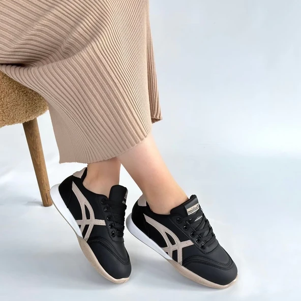 Zlay Siyah Cilt Bej Detaylı Bağcıklı Spor Ayakkabı - Resim 5