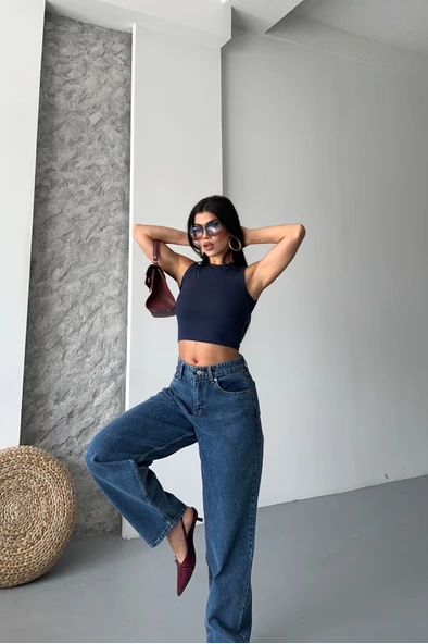Baggy kar yıkama jeans pantolon koyu mavi d2007 - 2
