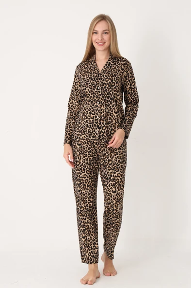 Leopar Desen Wild Önden Düğmeli Pijama Takım ürün görseli 1