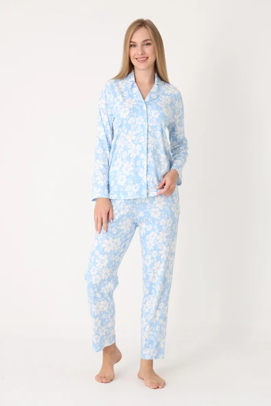 Mavi Flower Effect Önden Düğmeli Pijama Takımı - Resim 2