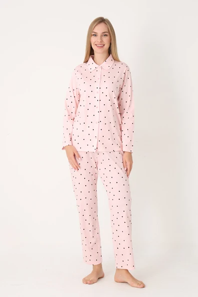 Somon Polka Dot Önden Düğmeli Pijama Takım - Resim 2