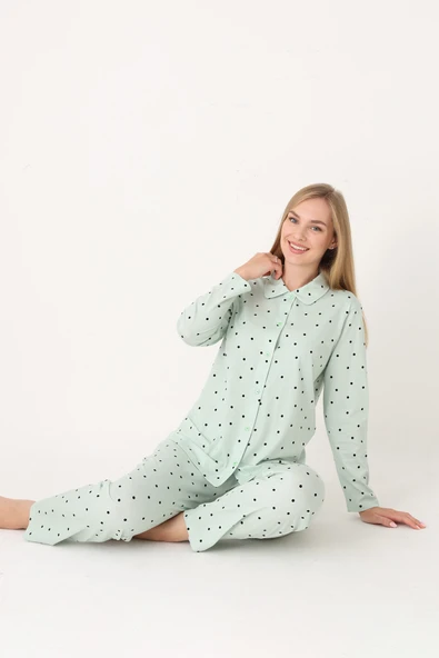 Yeşil Polka Dot Önden Düğmeli Pijama Takım ürün görseli
