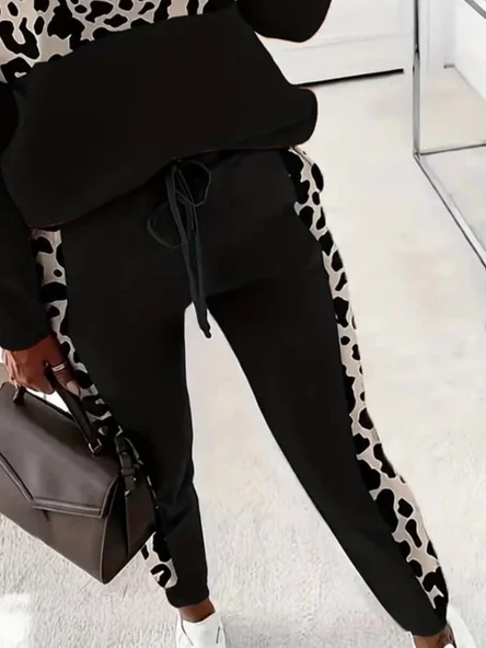 Kadın Uzun Kollu Fermuarlı Karışık Desenli Viskon Iki Iplik Bluz Ve Pantolon Ikili Takım - Resim 3