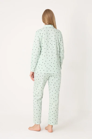 Yeşil Polka Dot Önden Düğmeli Pijama Takım - Resim 3