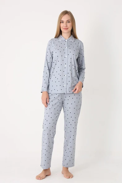 Gri Polka Dot Önden Düğmeli Pijama Takım ürün görseli